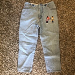 Reconstructed skinny cropped gazoz jeans with Bert and Ernie embroidery